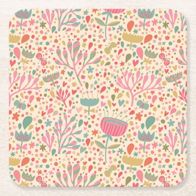 Bright floral pattern square paper coaster (Front)