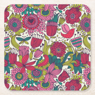 Bright floral pattern square paper coaster
