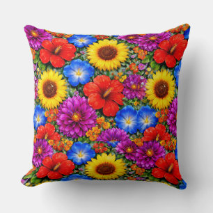 Bright Floral Pattern Sunflower, Poppy & Daisies Cushion
