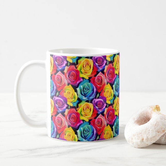 Bright floral pattern, watercolor roses coffee mug (With Donut)
