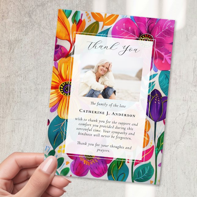 Bright Floral Photo Sympathy Funeral Memorial Thank You Card (Creator Uploaded)