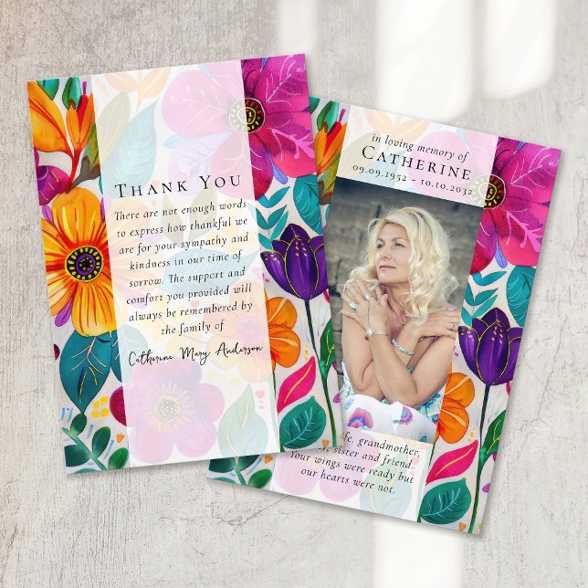 Bright Floral Photo Sympathy Funeral Memorial Thank You Card (Creator Uploaded)