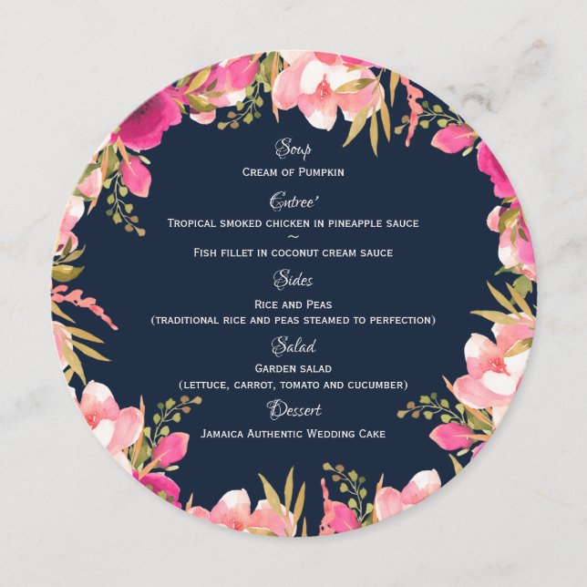 Bright Floral Pink and Navy Round Menu (Front)