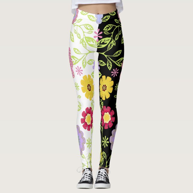 Bright Floral Pop Art Painting Bi-Colour Pattern  Leggings (Front)