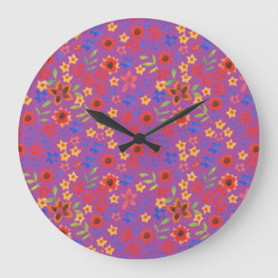 Bright Floral Print on Magenta Round Wall Clock