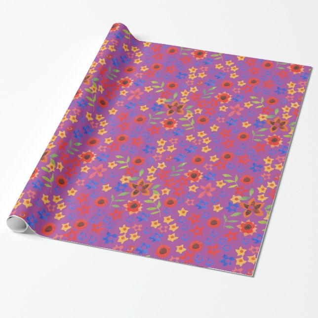 Bright Floral Print on Magenta Wrapping Paper (Unrolled)