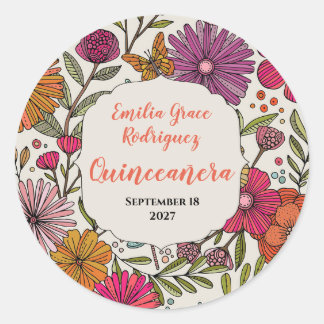 Bright Floral Quinceañera | Colourful Whimsical Classic Round Sticker