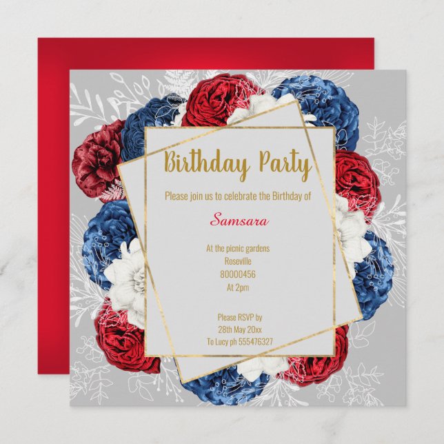 BRIGHT FLORAL RED BLUE GREY FRAME BIRTHDAY SQUARE INVITATION (Front/Back)
