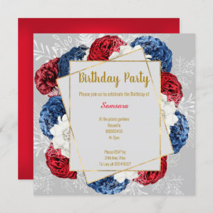 BRIGHT FLORAL RED BLUE GREY FRAME BIRTHDAY SQUARE INVITATION