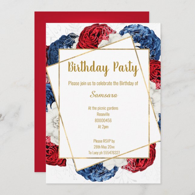 BRIGHT FLORAL RED BLUE WHITE FRAME BIRTHDAY INVITATION (Front/Back)
