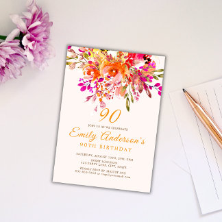 Bright Floral Romantic 90th Birthday Party Invitation