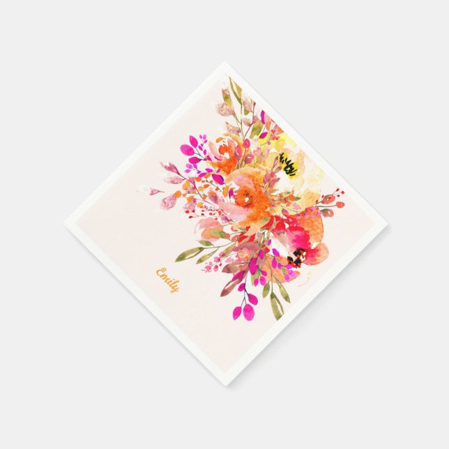 Bright Floral Romantic Custom Name Napkin (Corner)