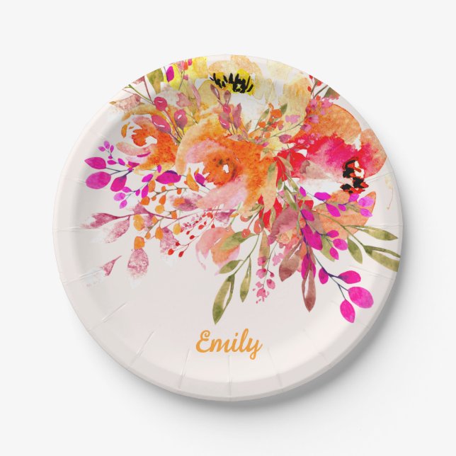Bright Floral Romantic Custom Name Paper Plate (Front)