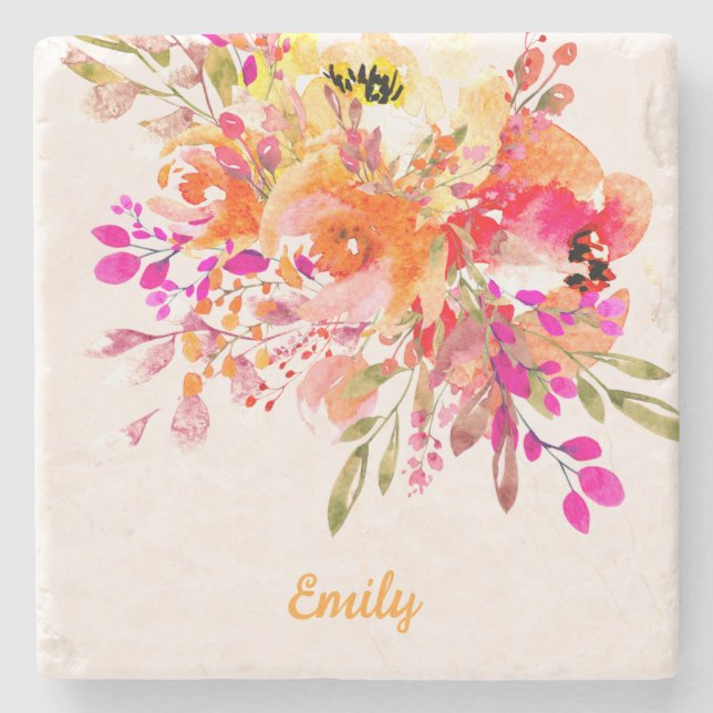 Bright Floral Romantic Custom Name Stone Coaster (Front)