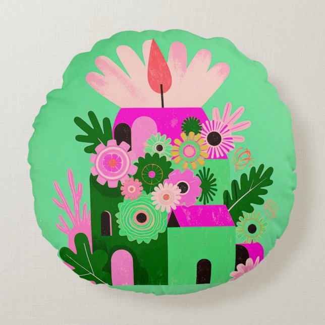 Bright Floral Round Pouf Cushion (Front)