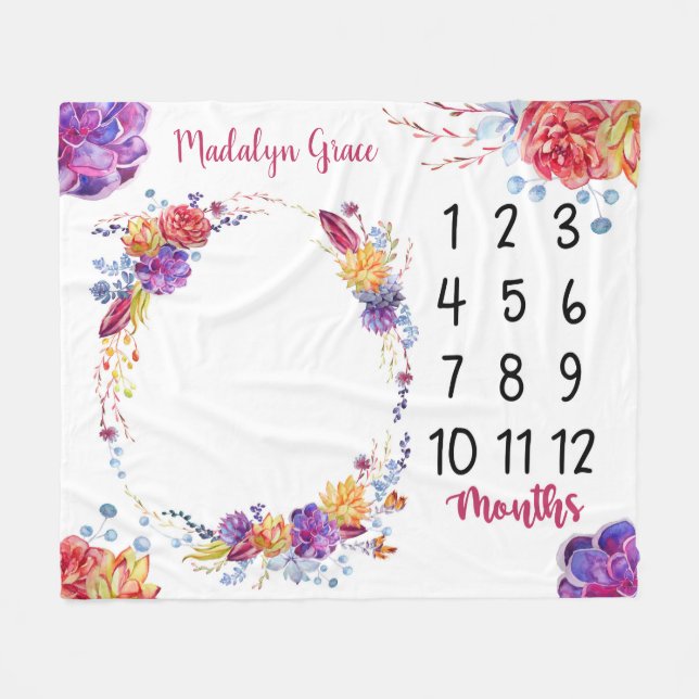Bright Floral Succulents Baby Milestone Fleece Blanket (Front (Horizontal))