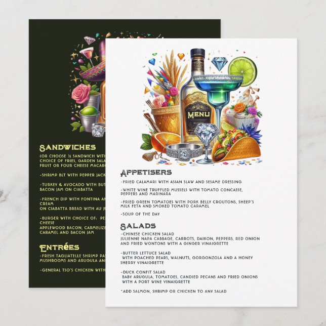 Bright Floral Tacos and Tequila Fiesta Celebration Menu (Front/Back)