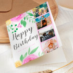 Bright floral watercolor 4 photo grid birthday card<br><div class="desc">A romantic floral watercolor 4 photo grid collage happy birthday. with bight pink,  yellow and green hand painted flowers.</div>