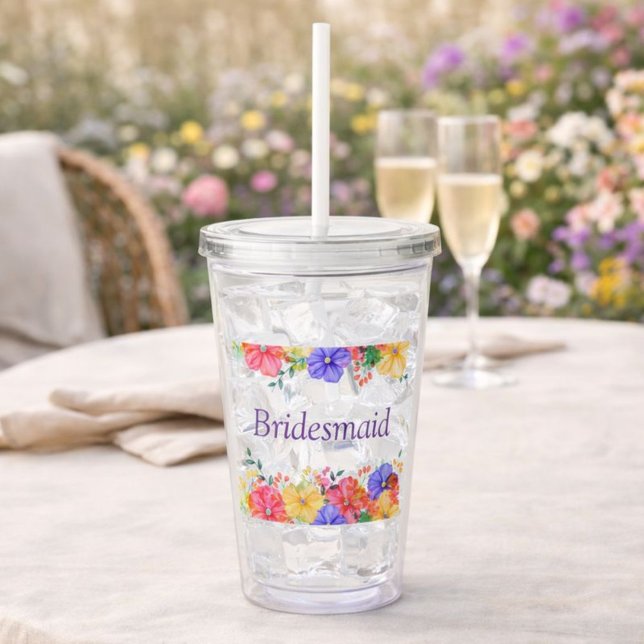 Bright Floral Watercolor Bridesmaid Acrylic Tumbler (Creator Uploaded)