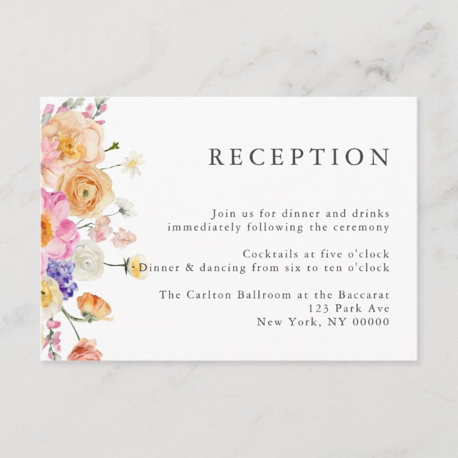 Bright Floral Watercolor Wedding Reception Card (Front)