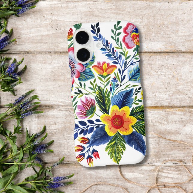 Bright Florals Faux Yarn Embroidery Design (Faux Yarn Embroidery Florals iPhone 17 16 15 14 13 12 11 case. Watercolor Flowers Design. )