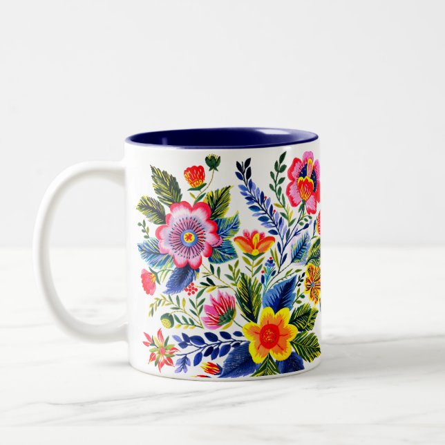Bright Florals Faux Yarn Embroidery Design Two-Tone Coffee Mug (Left)