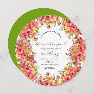 Bright Florals Pink Mix Watercolor Wedding Circle  Invitation