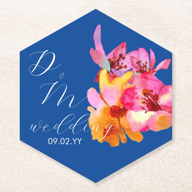 Bright Florals Watercolored Monogram Blue Wedding  Paper Coaster (Front)