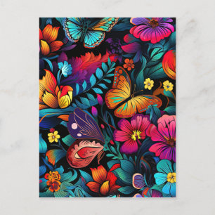 Bright Flower and Butterfly Pattern Postcard