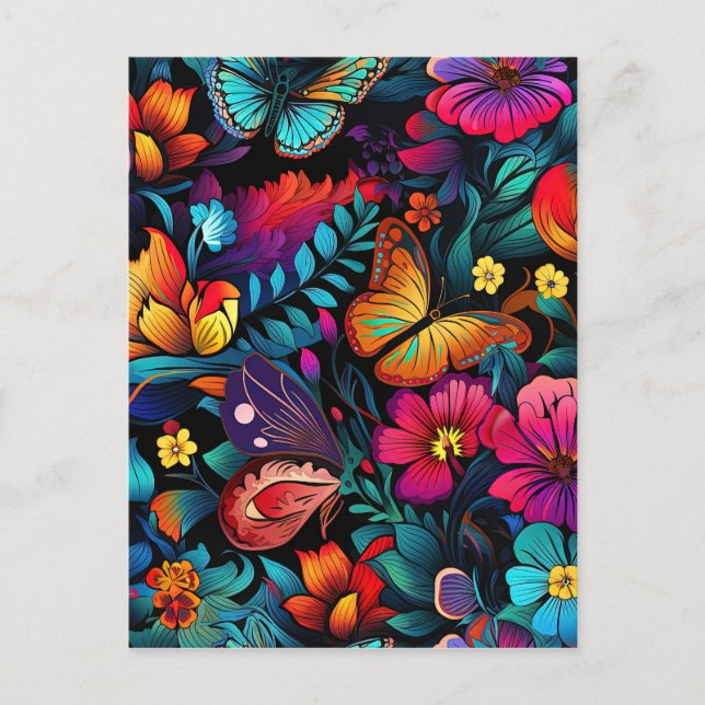 Bright Flower and Butterfly Pattern Postcard (Front)