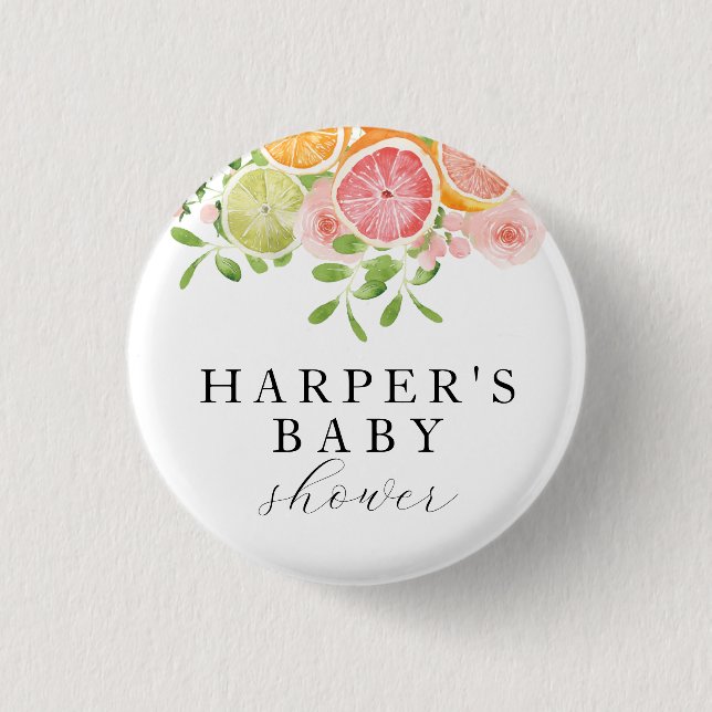 Bright flower and citrus baby shower 3 cm round badge (Front)