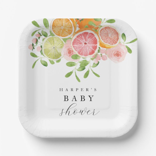 Bright flower and citrus baby shower paper plate (Front)