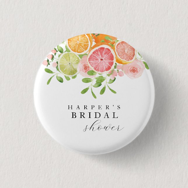 Bright flower and citrus bridal shower 3 cm round badge (Front)