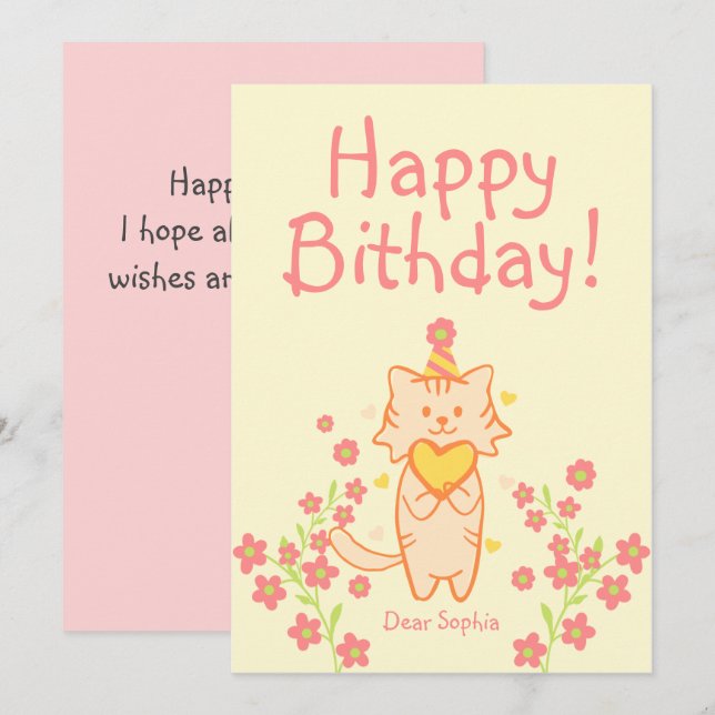 Bright Flower&Cute Cat wearing Hat&Heart Birthday  (Front/Back)
