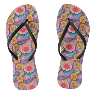 Bright Flower Pattern Slim Strap Flip Flops