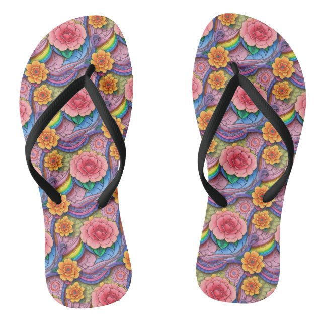 Bright Flower Pattern Slim Strap Flip Flops (Footbed)