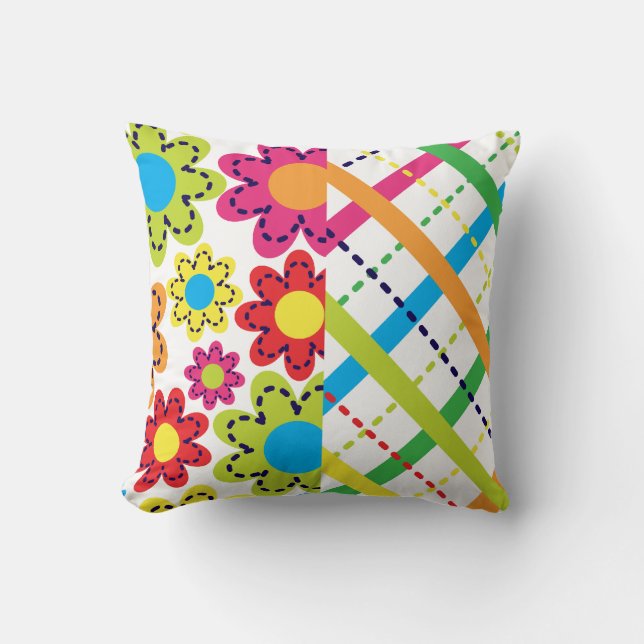 Bright Flowers and Plaid American MOJO Pillow (Front)