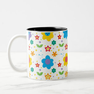 Bright flowers and stars Two-Tone coffee mug
