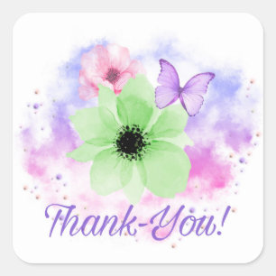 Bright Flowers & Butterfly, Watercolor Background Square Sticker