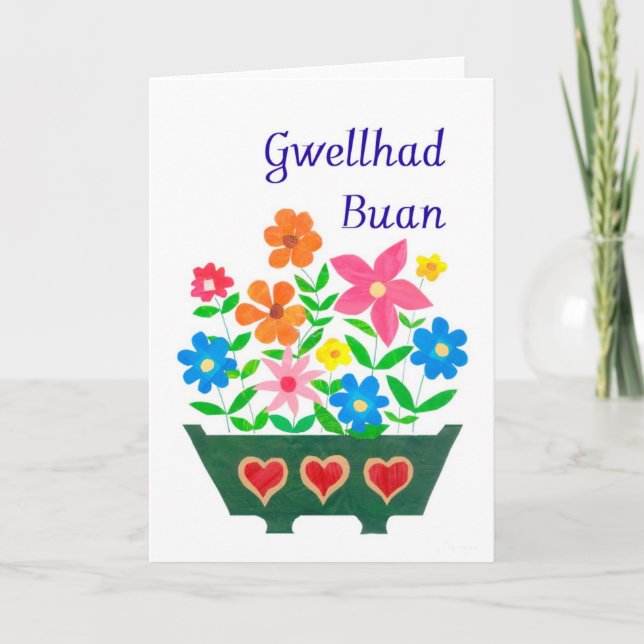 Bright Flowers Get Well Card, Welsh Greeting Card (Front)