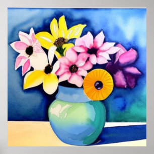 Bright flowers in watercolor poster