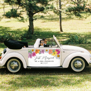 Bright Flowers Just Married Car Banner