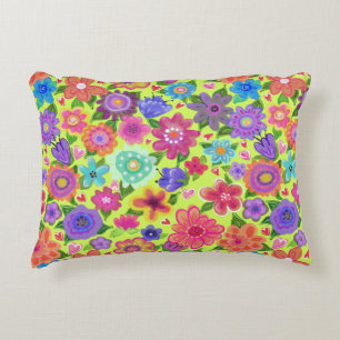 Bright Flowers on Peridot Background Boho Style Decorative Cushion