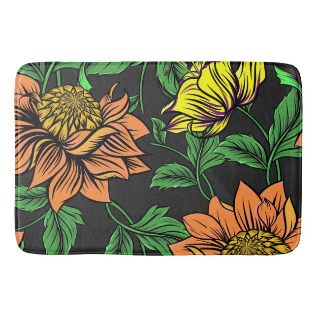 Bright Flowers Pop from Black Background Bath Mat (Front)