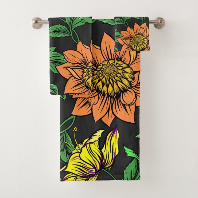 Bright Flowers Pop from Black Background Bath Towel Set (Insitu)