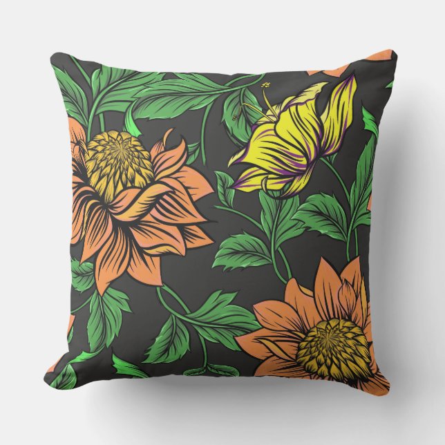 Bright Flowers Pop from Black Background Cushion (Front)
