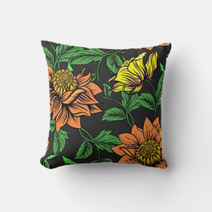 Bright Flowers Pop from Black Background Cushion
