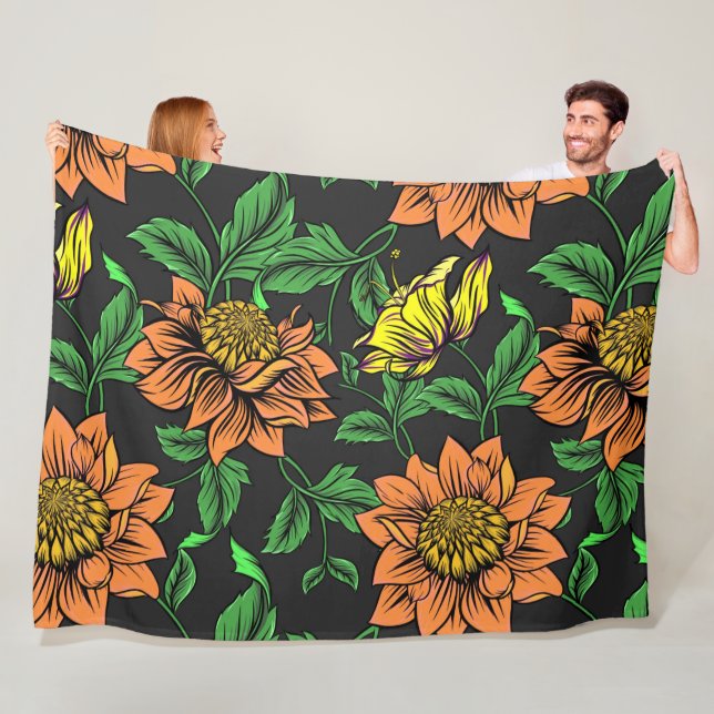 Bright Flowers Pop from Black Background Fleece Blanket (In Situ)