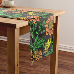 Bright Flowers Pop from Black Background Long Table Runner