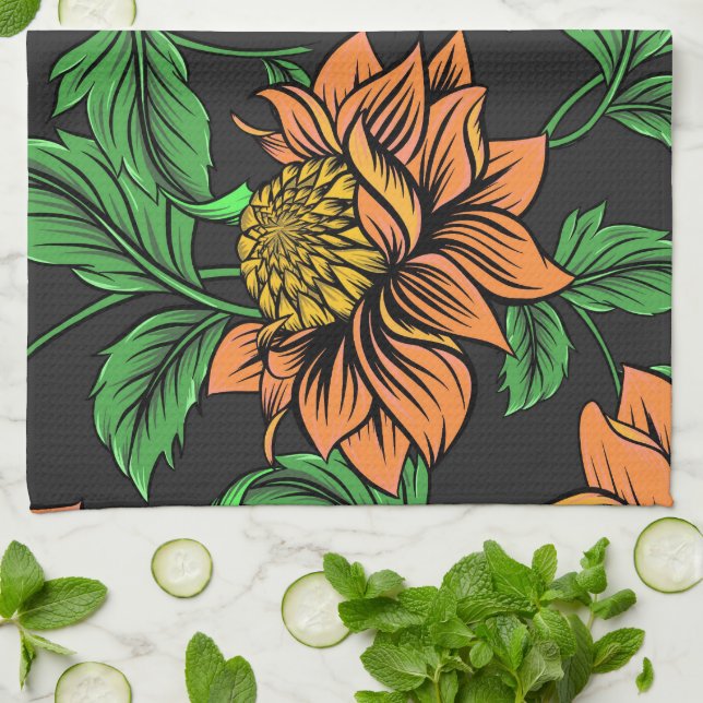 Bright Flowers Pop from Black Background Tea Towel (Folded)